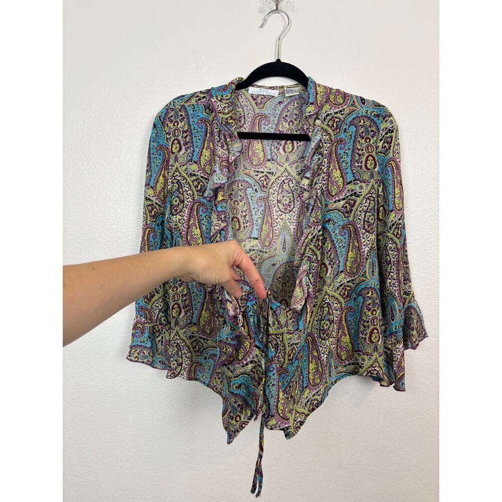 Hanna & Gracie Paisley 90's Y2K Silk Tie Wrap Sheer Blouse Bell Sleeve Large